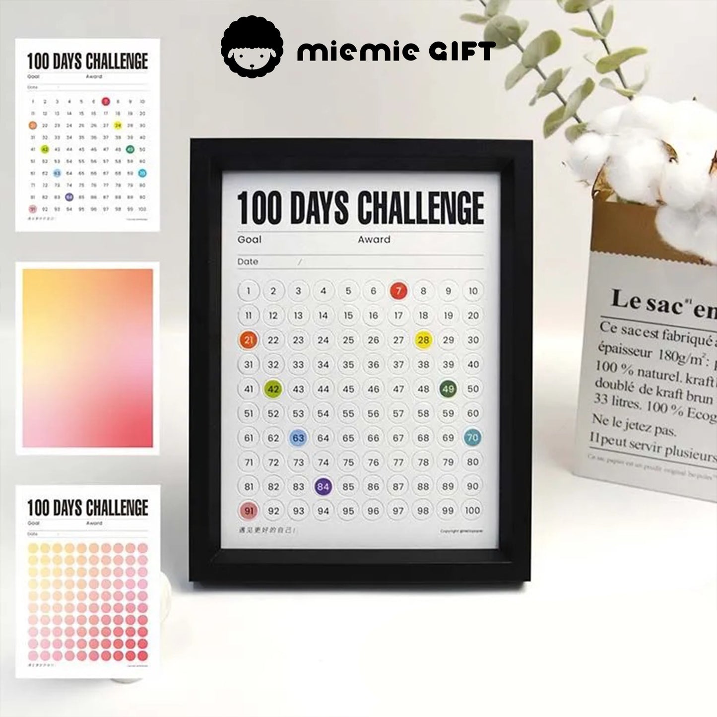 A sleek black-framed 100 Days Challenge tracker with a vibrant Warm Sunshine gradient. Perfect for tracking progress and bringing a motivational and stylish flair to your space.