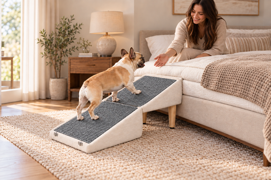 A French bulldog walking up a wide gray non-slip dog ramp beside a bed while its owner reaches out.