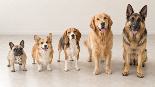 French Bulldog, Corgi, Beagle, Golden Retriever, and German Shepherd arranged from small to large for body-width comparison.