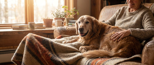 Senior dog enjoying gentle massage on a cozy blanket with owner