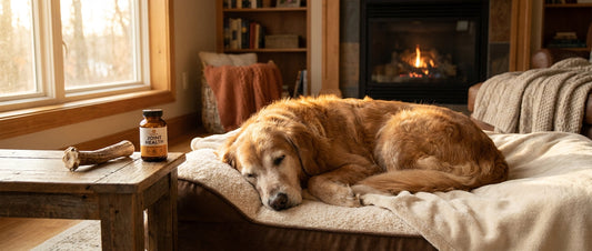 Senior dog lying comfortably on orthopedic bed with joint supplements next to it