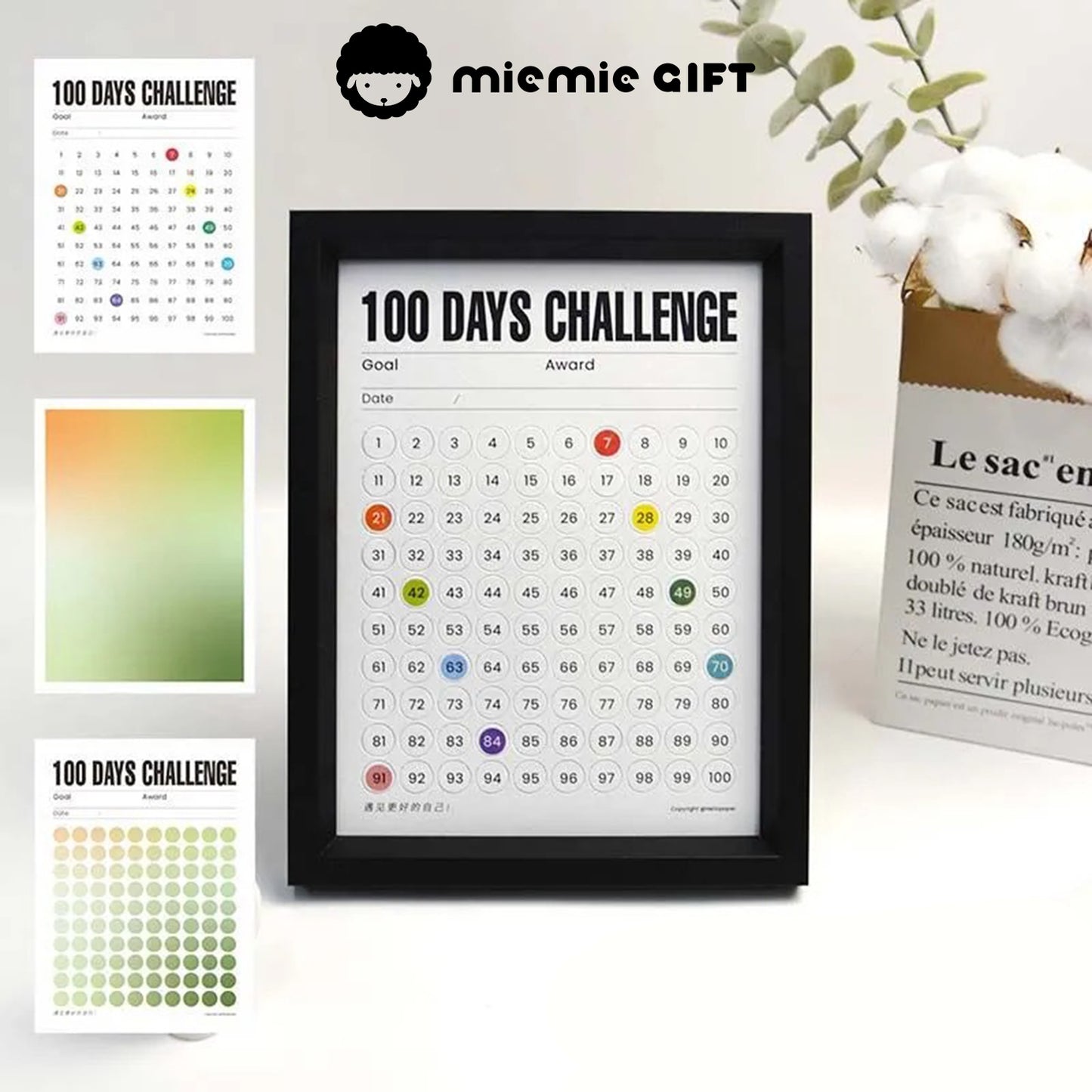 A sleek black-framed 100 Days Challenge tracker featuring vibrant gradient paper options. Perfect for goal tracking and adding a touch of elegance to your home or office decor.
