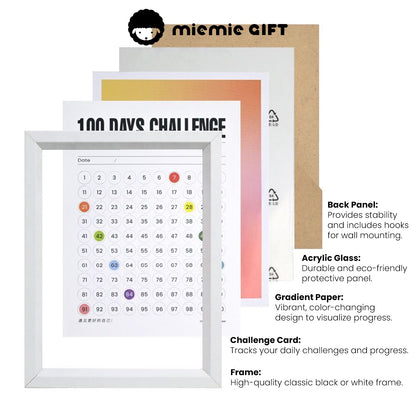 An exploded view of the 100 Days Challenge Frame showcasing its components: a sturdy back panel with wall hooks, durable acrylic glass, vibrant gradient paper, a challenge card for tracking daily progress, and a high-quality black or white frame.