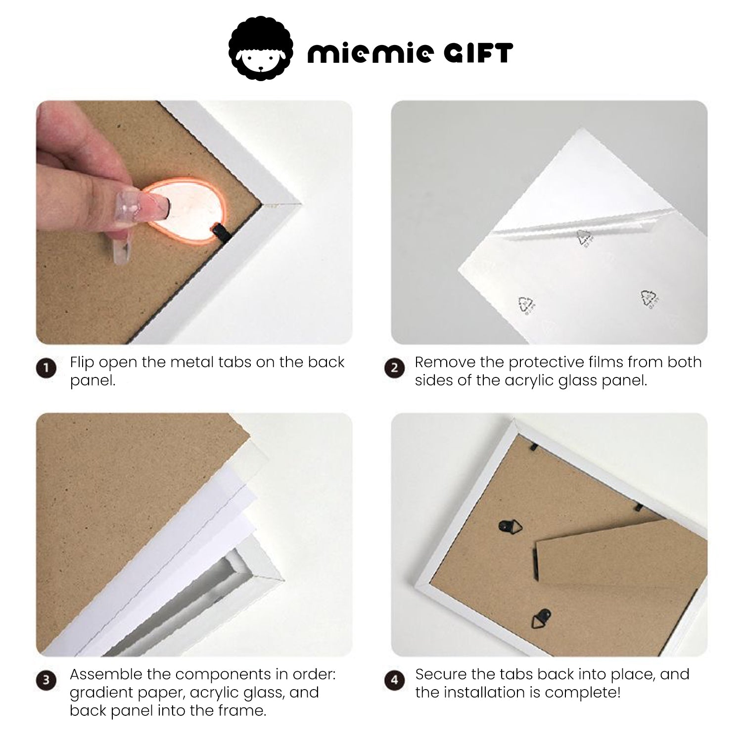 A step-by-step guide to assembling the 100 Days Challenge Frame, featuring clear visuals and instructions: flipping open the metal tabs, removing protective films, inserting components in order (gradient paper, acrylic glass, and back panel), and securing the tabs for a complete setup.