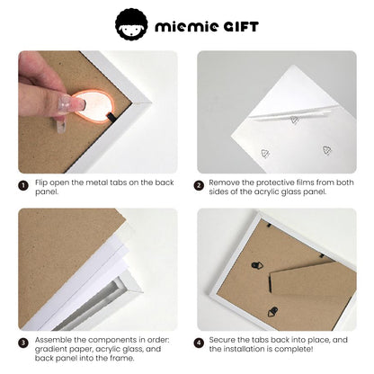 A step-by-step guide to assembling the 100 Days Challenge Frame, featuring clear visuals and instructions: flipping open the metal tabs, removing protective films, inserting components in order (gradient paper, acrylic glass, and back panel), and securing the tabs for a complete setup.