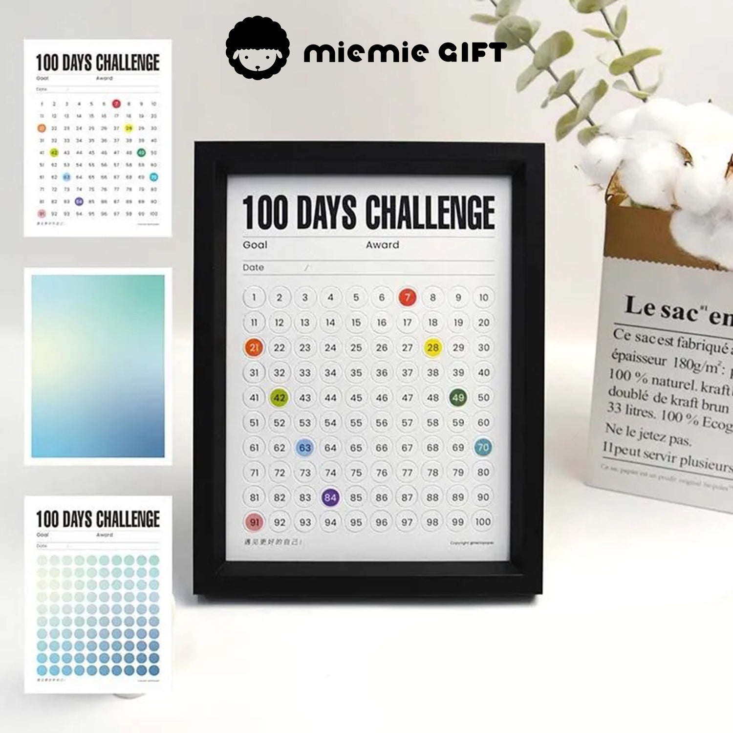 A stylish black-framed 100 Days Challenge tracker featuring a cool Starry Blue gradient design. Ideal for visualizing goals and adding a modern touch to your workspace or home.