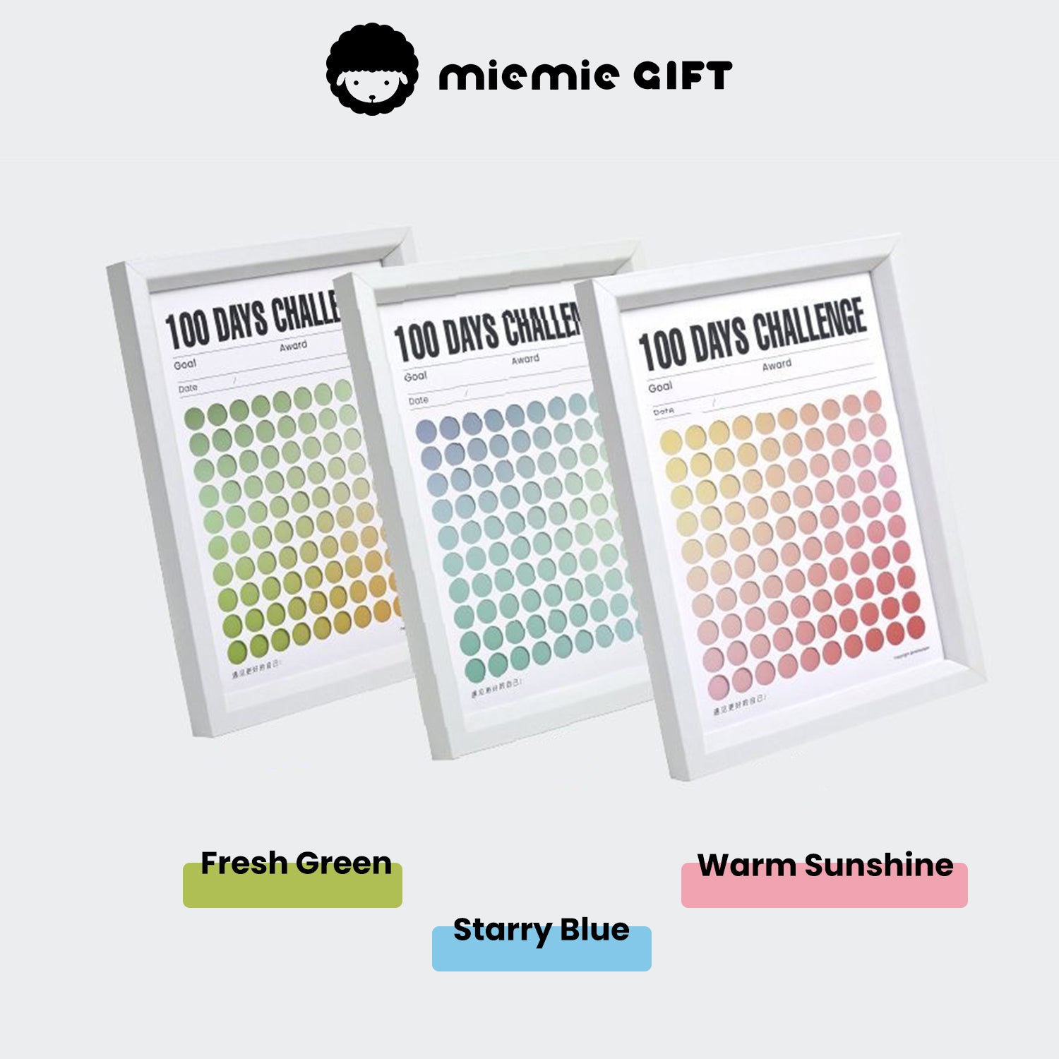 A set of three 100 Days Challenge frames in white frames, featuring gradient designs in Fresh Green, Starry Blue, and Warm Sunshine. The image showcases the vibrant color options, emphasizing their appeal for personal goal tracking and stylish decor.