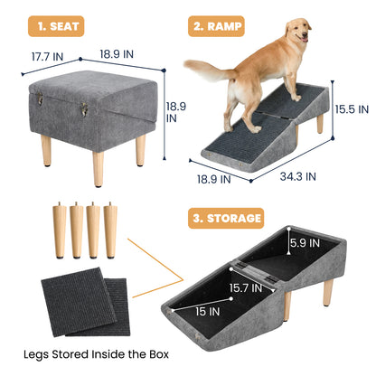 A grey 3-in-1 dog ramp ottoman shown in three functional modes: a square seat with wooden legs, a sturdy pet ramp with non-slip black carpet, and an open storage box displaying removable parts. A golden retriever demonstrates how to use the ramp configuration, measuring 34.3 inches in length and 15.5 inches in height. The compact storage section holds foldable legs and carpeted panels inside the box, offering style, function, and pet-friendly support.