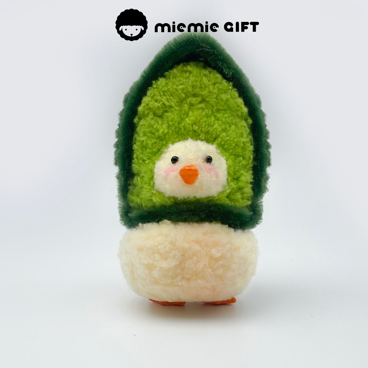A soft avocado duck from miemie gift, hand-shaped with jumbo coral fleece to resemble a cozy little fruit friend.