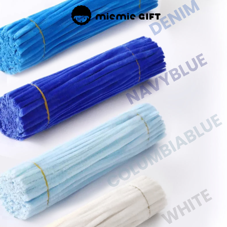 Blue Pipe Cleaner Set for DIY Flowers: A set of blue pipe cleaners in Navy Blue, Columbia Blue, and Denim, perfect for crafting detailed flower petals, leaves, and stems. Great for making elegant floral bouquets.
