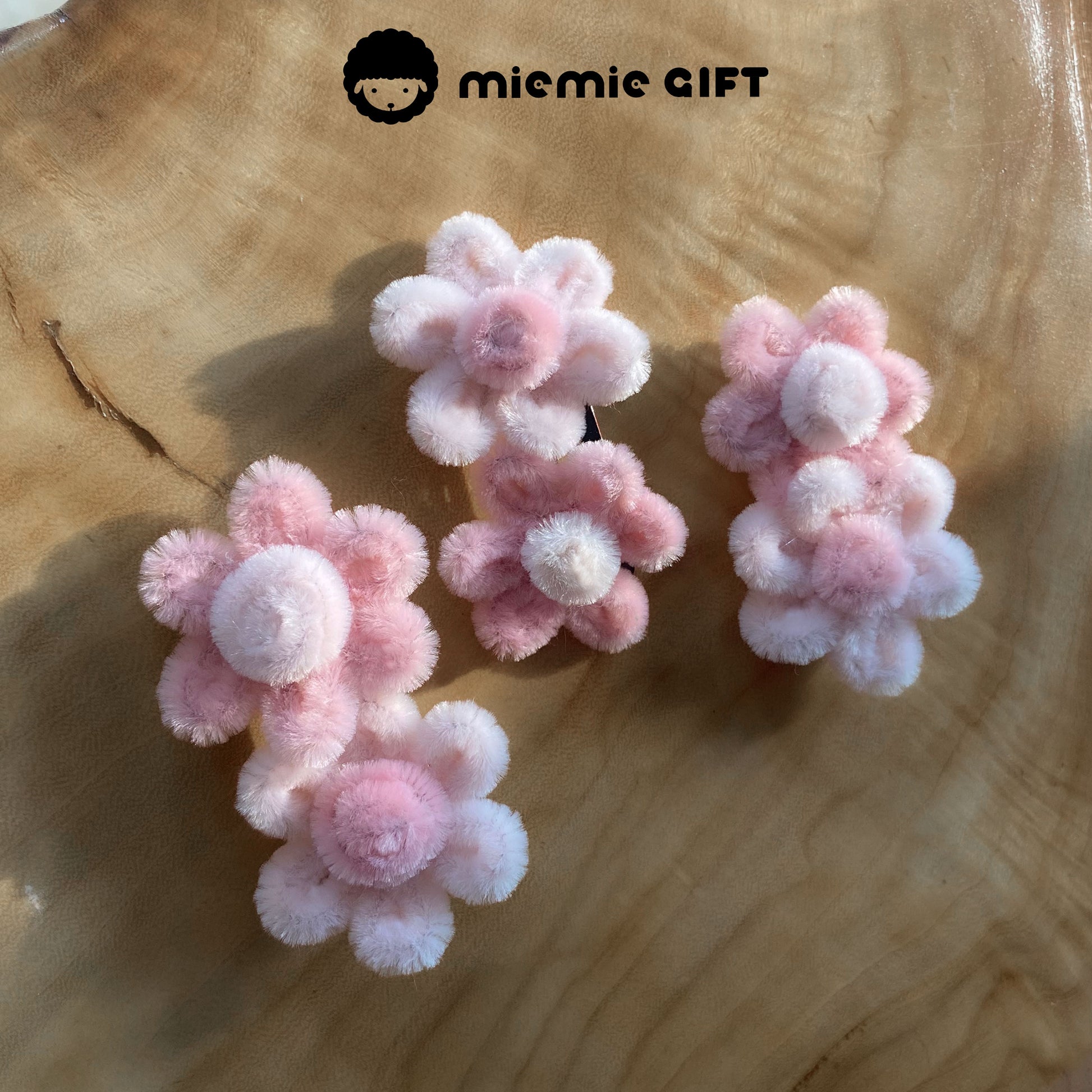 Handcrafted coral and cream chenille flower hair clip – fluffy pink tones perfect for spring outfits and cute aesthetic looks