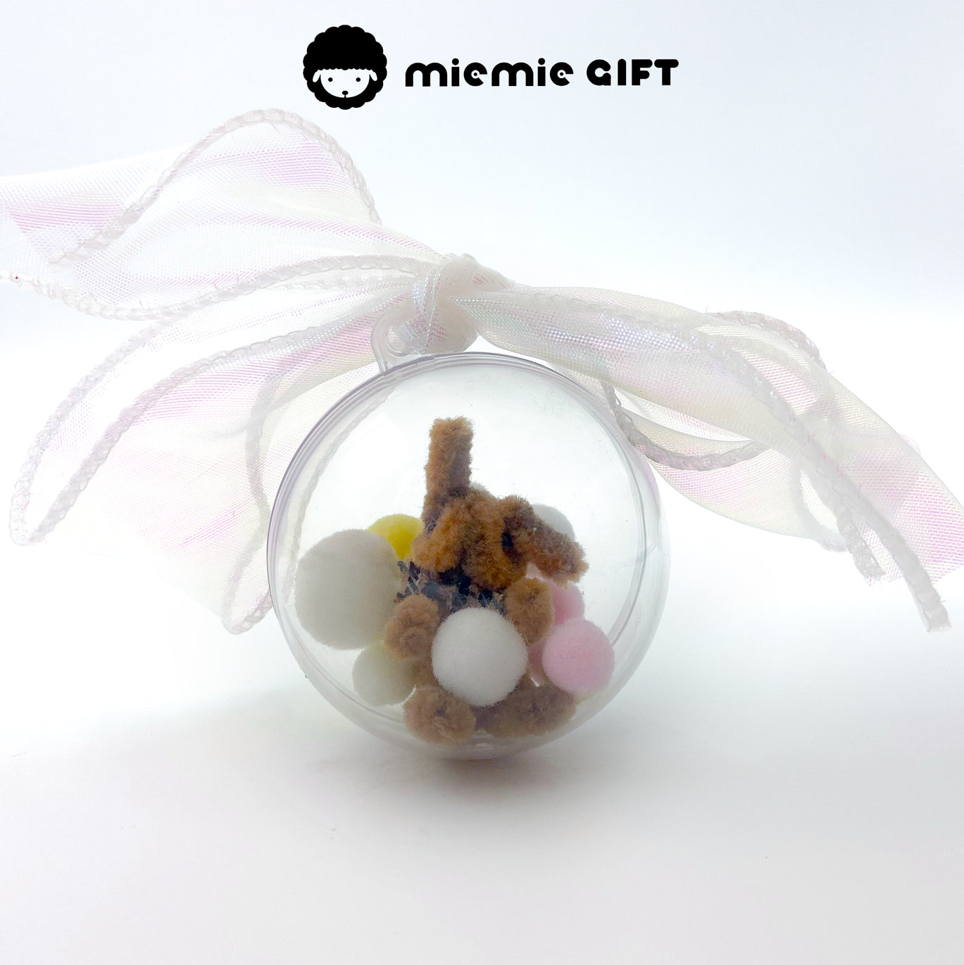 Handmade Easter Bunny in Clear Ball with Beads: Brown bunny made with high-density wool pipe cleaners, displayed in a transparent ball with colorful beads. A cute and festive Easter ornament