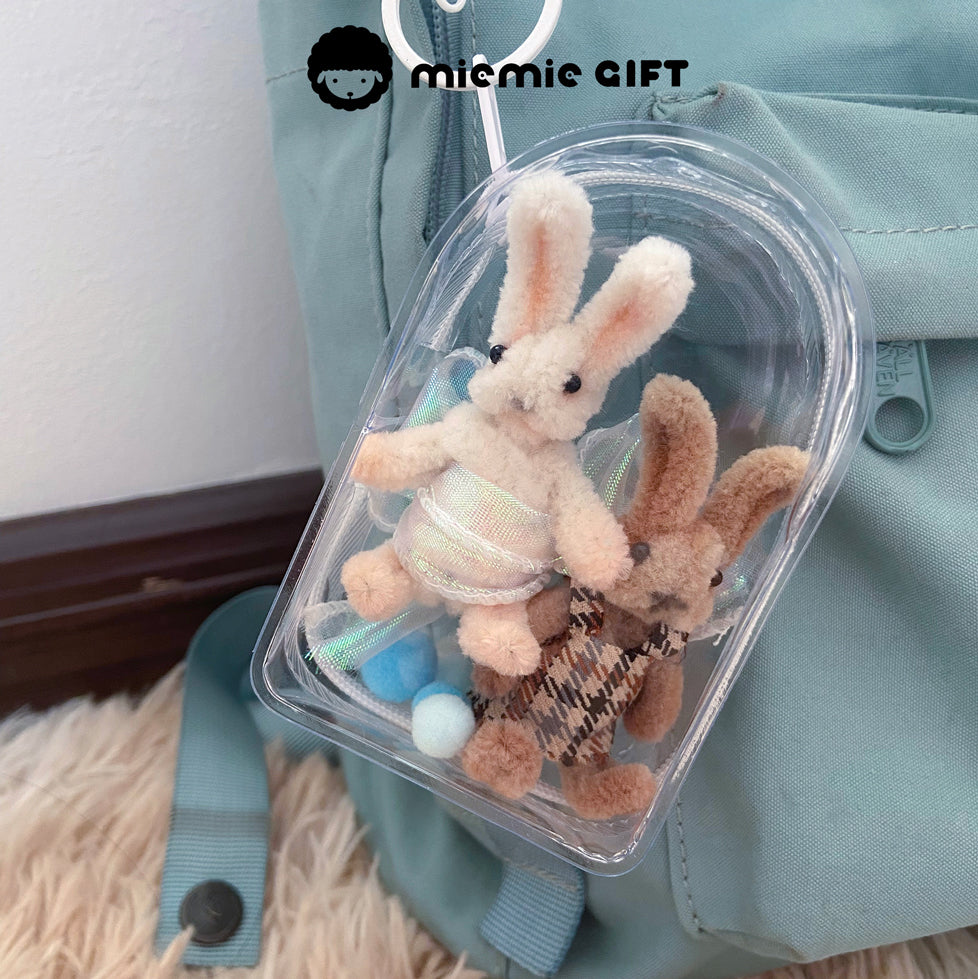 Cute Easter Bunny Keychains in Clear Bag: Brown and white wool pipe cleaner bunnies in a transparent display bag. These high-density, handmade bunnies add a festive touch to your keys