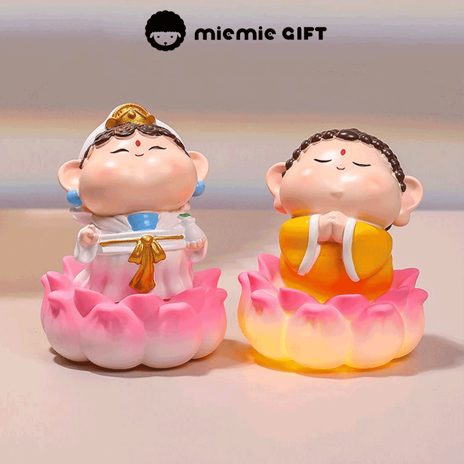 Charming resin Buddha guanyin statue standing on a pink lotus with warm LED light