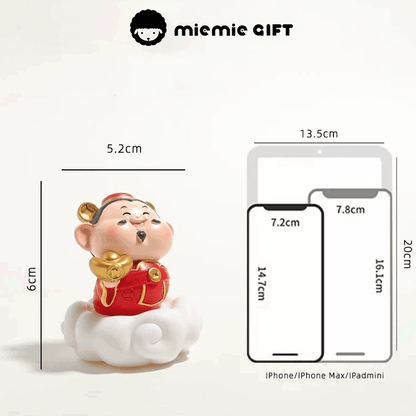 "Chinese Wealth Deity Figurine: A small, intricately designed Caishen statue, the god of wealth, with a gold ingot, symbolizing the divine connection to financial success and abundance