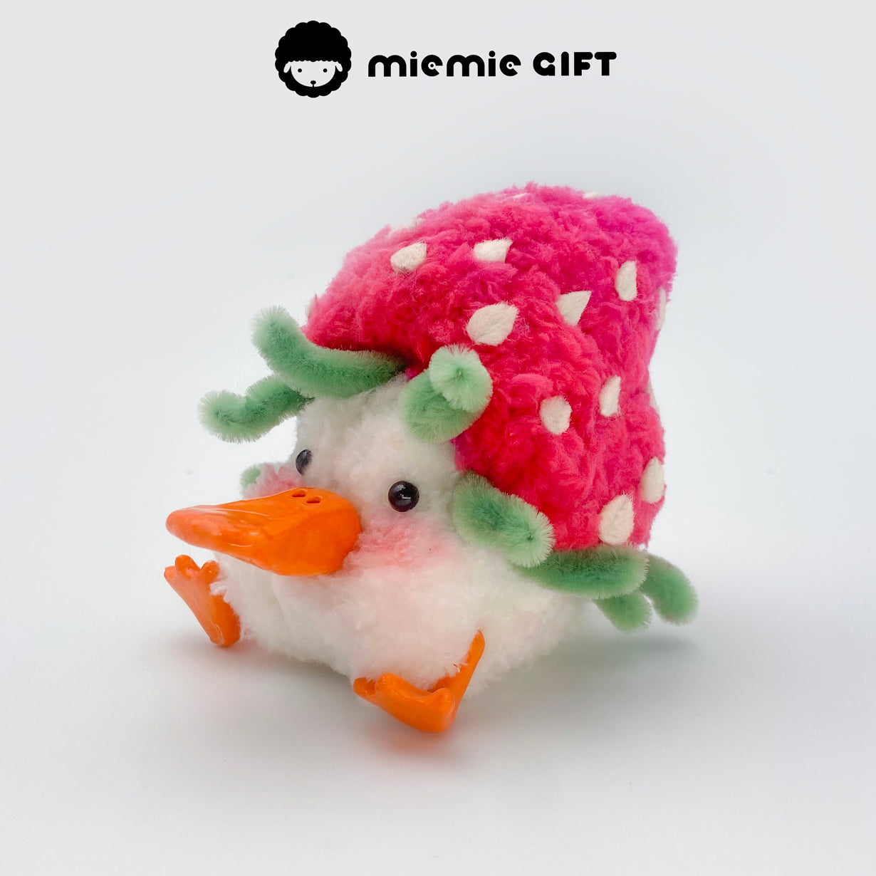 This cheerful strawberry duck plush looks freshly picked from a soft garden — handcrafted with coral fleece by miemie gift.