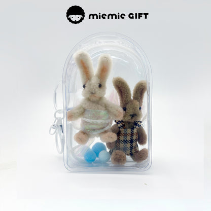 Easter Bunny Keychains in Brown and White Wool: Handmade bunnies in a transparent display bag. Made from high-density wool pipe cleaners, these cute bunnies are ideal for Easter decorations double rabblit charm