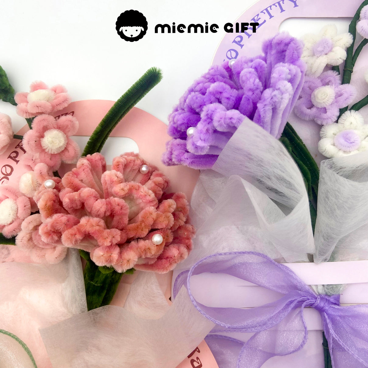 High-density chenille pipe cleaner flower card with ribbon and pearls