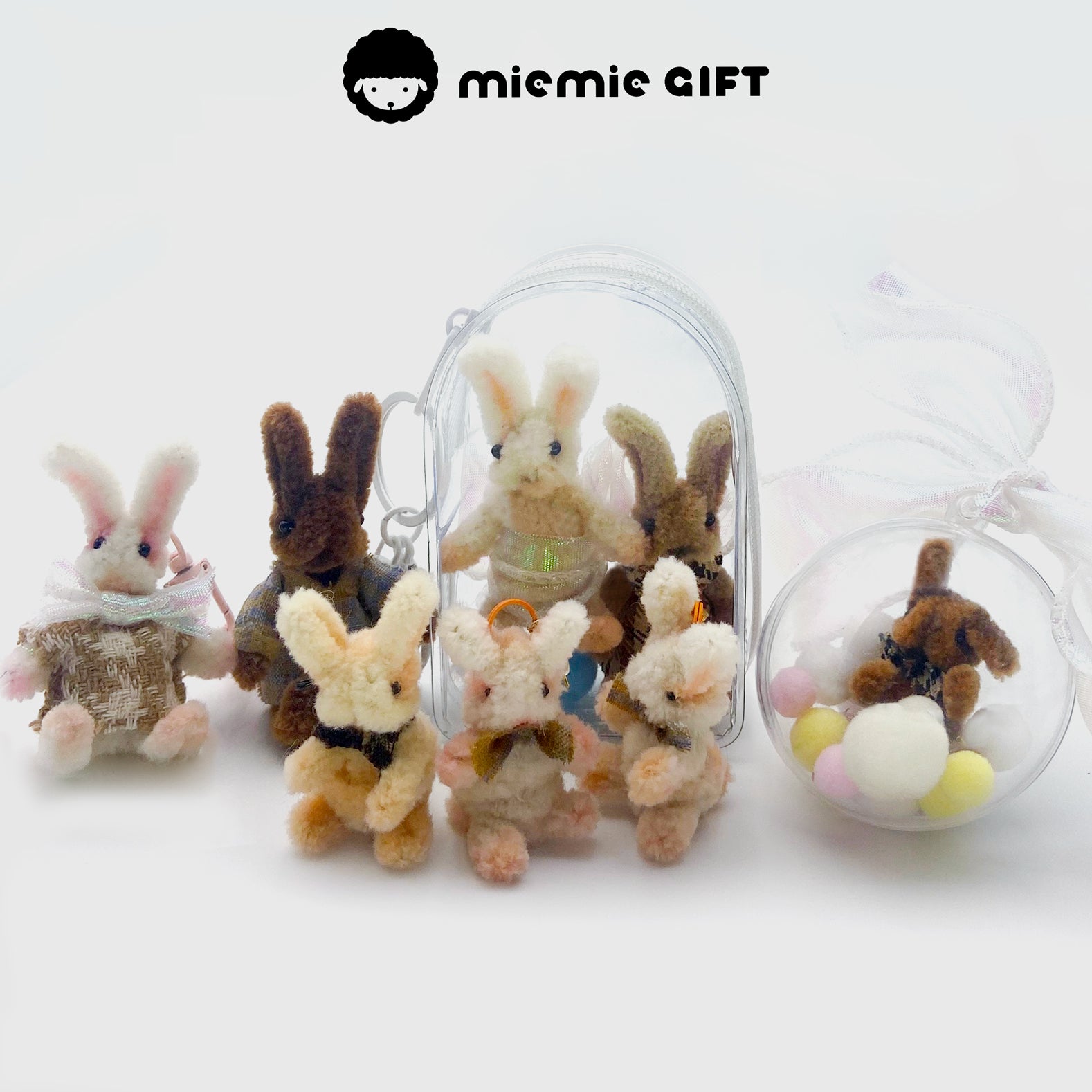 Handmade Easter Bunny Crafts Set: A delightful collection of wool pipe cleaner bunnies, featuring keychains, earrings, a fridge magnet, and a brooch. Made with high-density wool, these cute bunnies are perfect for Easter celebrations and gifts