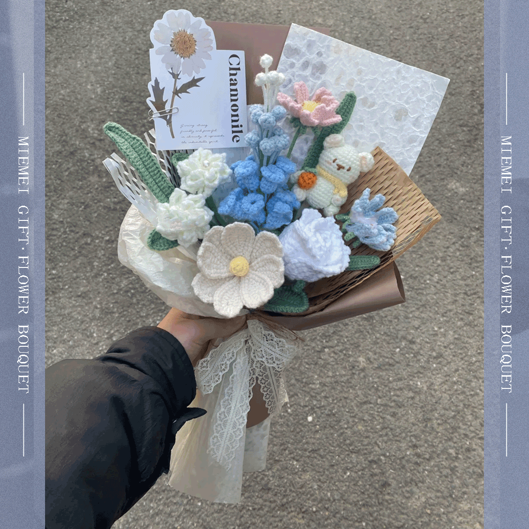 Yarn floral bouquet with lace ribbon, ideal for weddings and vintage-themed events in unique blue tune featuring lily-of-the-valley rose daisy and knitted leaves