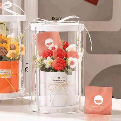 Handmade Peach Blossom Gift: A bouquet of hand-knitted peach blossoms, a gift of warmth and creativity presented in a white bucket with a 'Best wishes for you' tag and clear window gift box