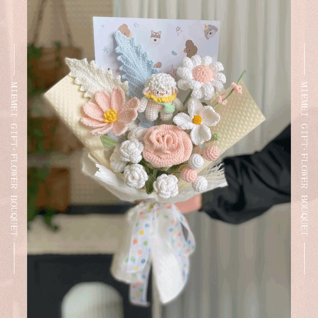 Eco-friendly fully hand-knitted flowers wrapped in burlap for a timeless gift idea including tulip rose chrysanthemum daisy and craft sheep doll