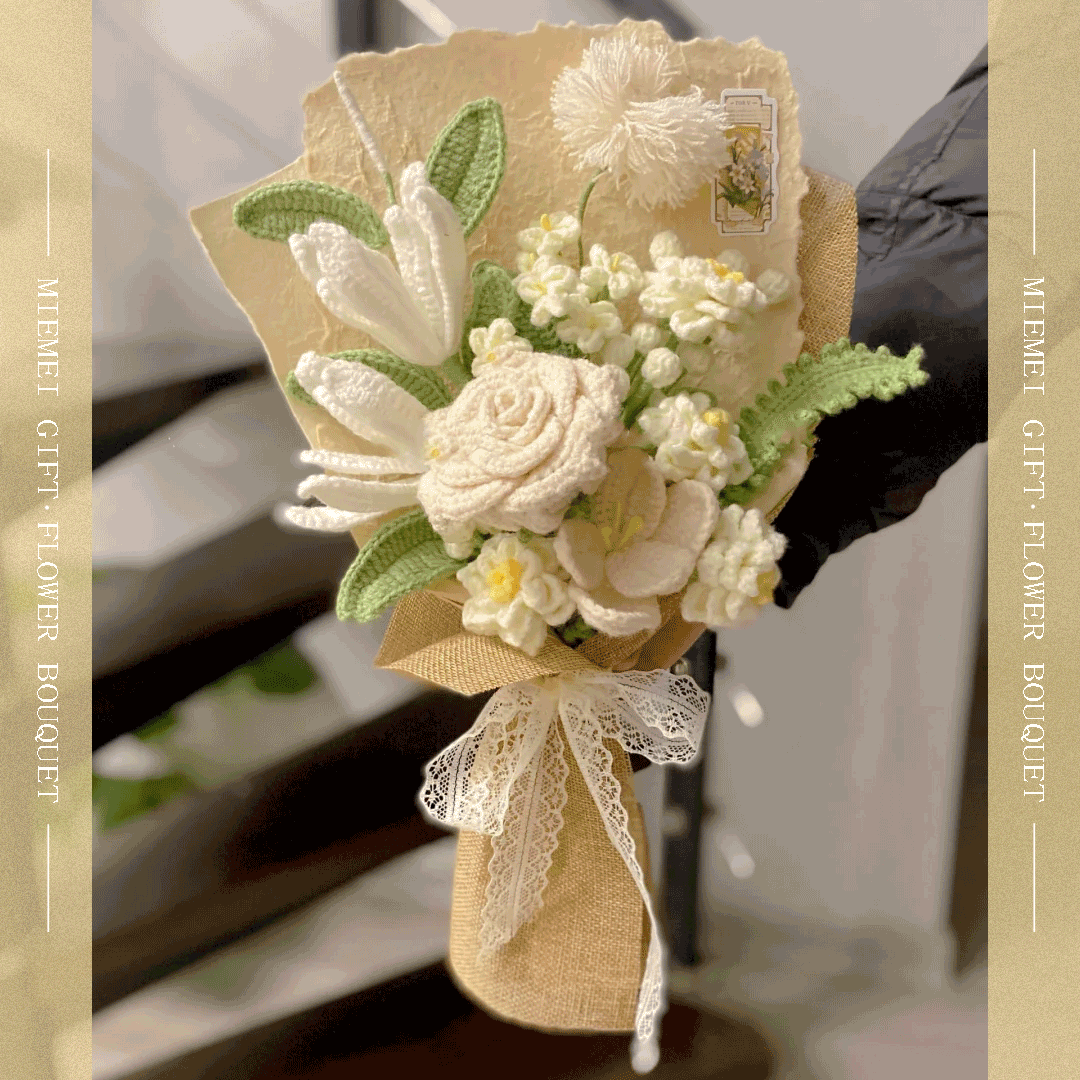 Pastel crochet flower bouquet including lily rose chrysanthemum Taraxacum and Gypsophila with delicate lace accents and a rustic charm