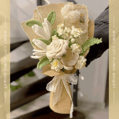 Pastel crochet flower bouquet including lily rose chrysanthemum Taraxacum and Gypsophila with delicate lace accents and a rustic charm