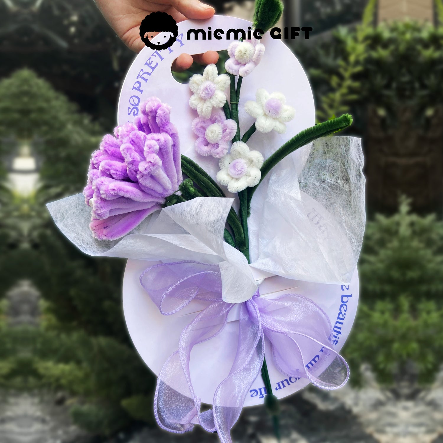 Miemie Gift lavender chenille carnation bouquet card, crafted with pearls and organza wrap