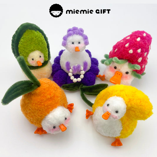 A vibrant lineup of fruit-themed duck toys designed by miemie gift — soft, playful, and one-of-a-kind.