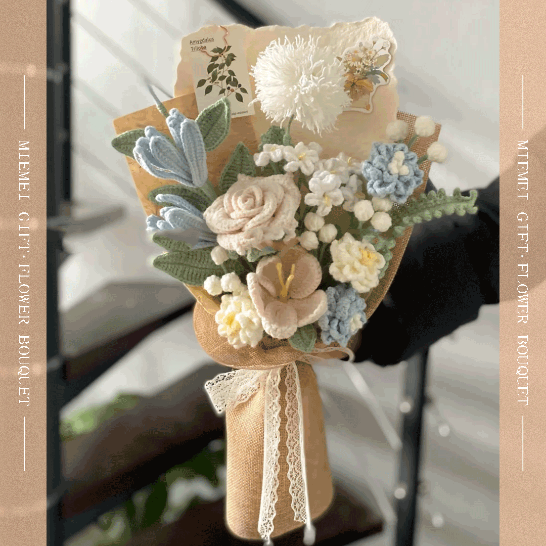White knitted flower featuring blue lily rose Taraxacum arrangement wrapped in beige paper with a blue accent