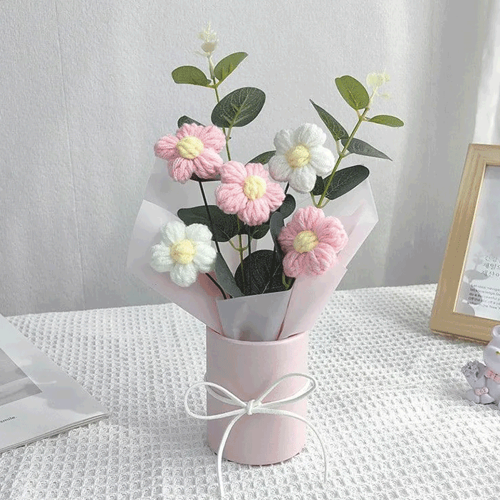 Artisanal Daisy Arrangement A bouquet of hand-knitted daisies a unique and charming gift elegantly packed in a pink box
