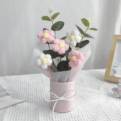 Artisanal Daisy Arrangement A bouquet of hand-knitted daisies a unique and charming gift elegantly packed in a pink box