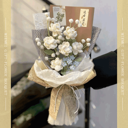 Knitted gardenia-style flowers in a beautifully wrapped eco-friendly bouquet jasmine