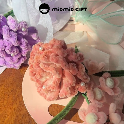 Miemie Gift DIY chenille carnation bouquet in blush pink and purple, decorated with pearls and organza ribbon