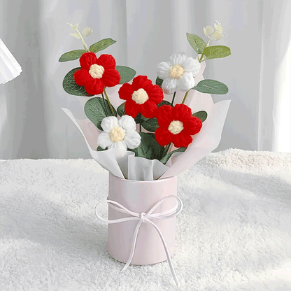 Handmade red Daisy Bouquet: A bouquet of hand-knitted daisies, a gift of heartfelt warmth, tied with a pink ribbon