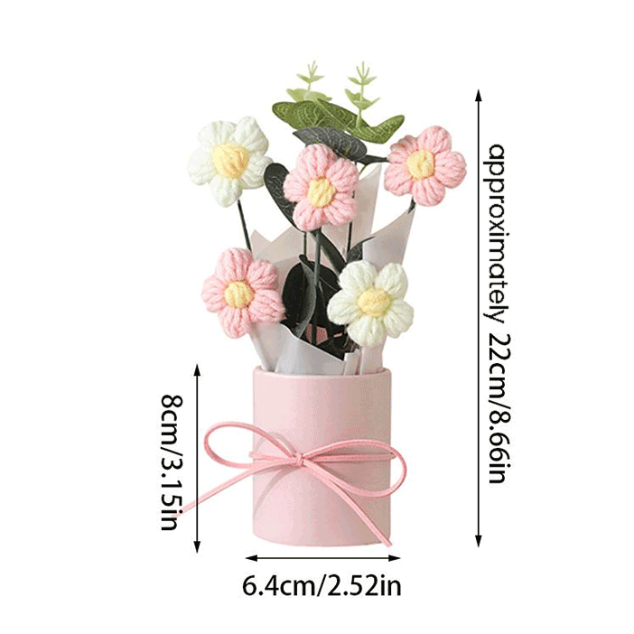 size of Crocheted pink Daisy Love A bouquet of hand-knitted daisies a symbol of Gentleness and affection arranged in a pink bucket with a ribbon