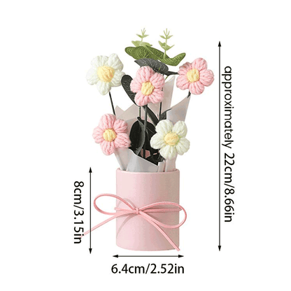 size of Crocheted pink Daisy Love A bouquet of hand-knitted daisies a symbol of Gentleness and affection arranged in a pink bucket with a ribbon