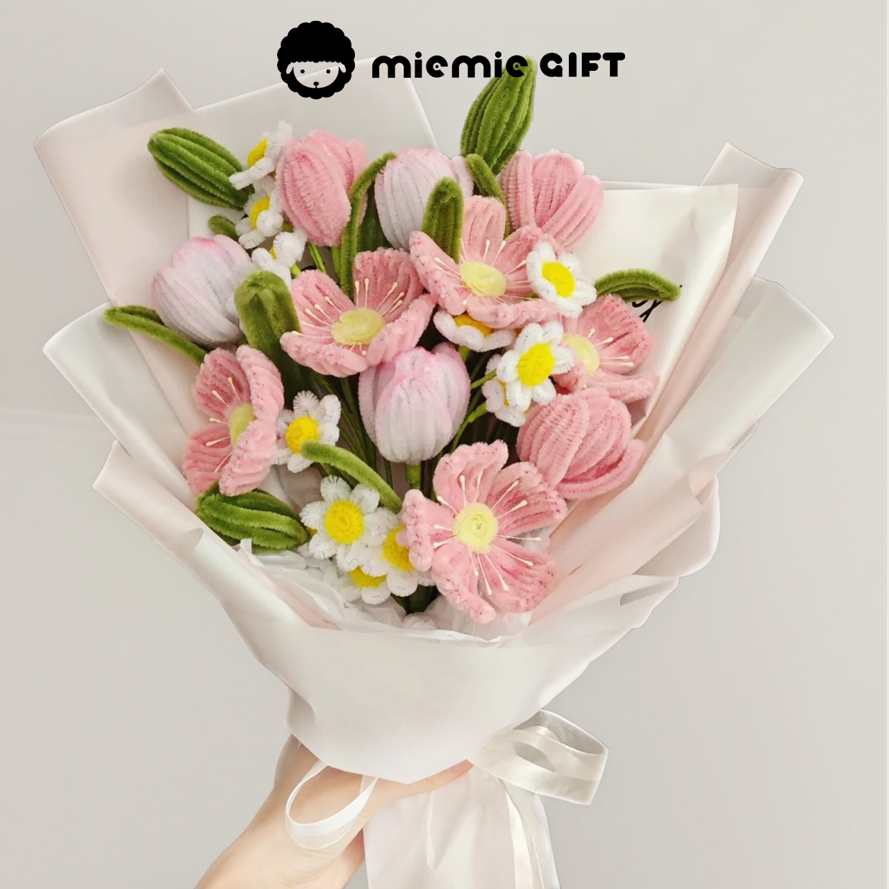 Handmade Pink Tulip and White Daisy Bouquet by MieMie Gift pipe cleaner pack