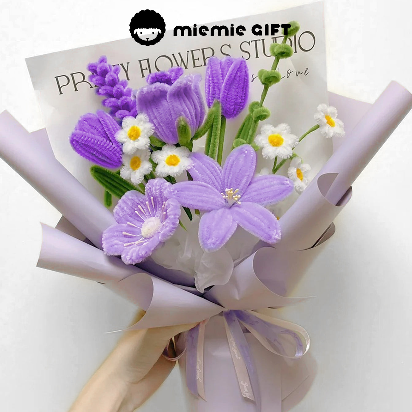 Handmade Lavender and White Pipe-Cleaner Flowers Wrapped in Purple
