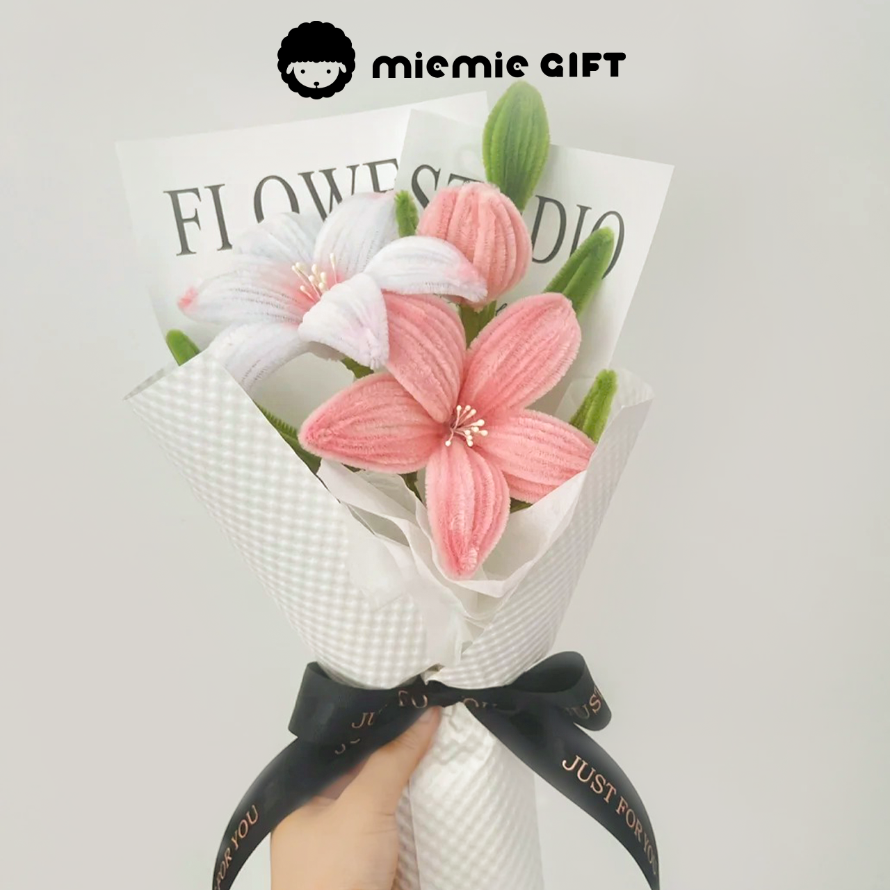 Plush Pink and Lavender Lily Bouquet with Black Ribbon by MieMie Gift miemie gift pipe cleaner package