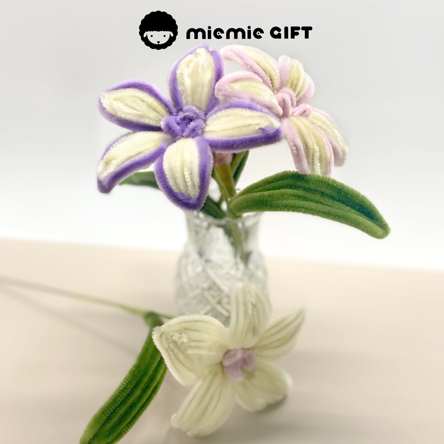 Pastel Pipe-Cleaner Lilies in White Vase by MieMie Gift purple pink