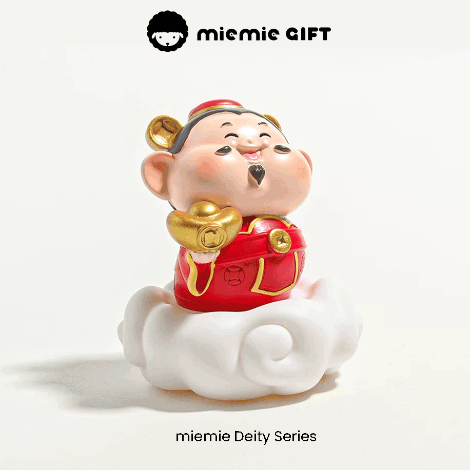 Caishen Wealth Deity Figurine: A small, handcrafted Caishen statuette, depicted with a joyful expression and holding a gold ingot, representing the divine blessing of wealth and success