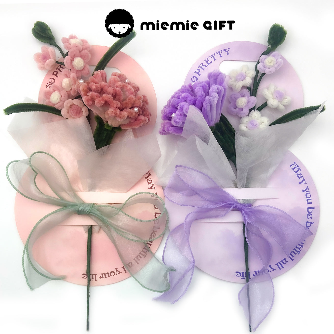 Soft pipe cleaner flower card in pink and purple, ideal for gifting