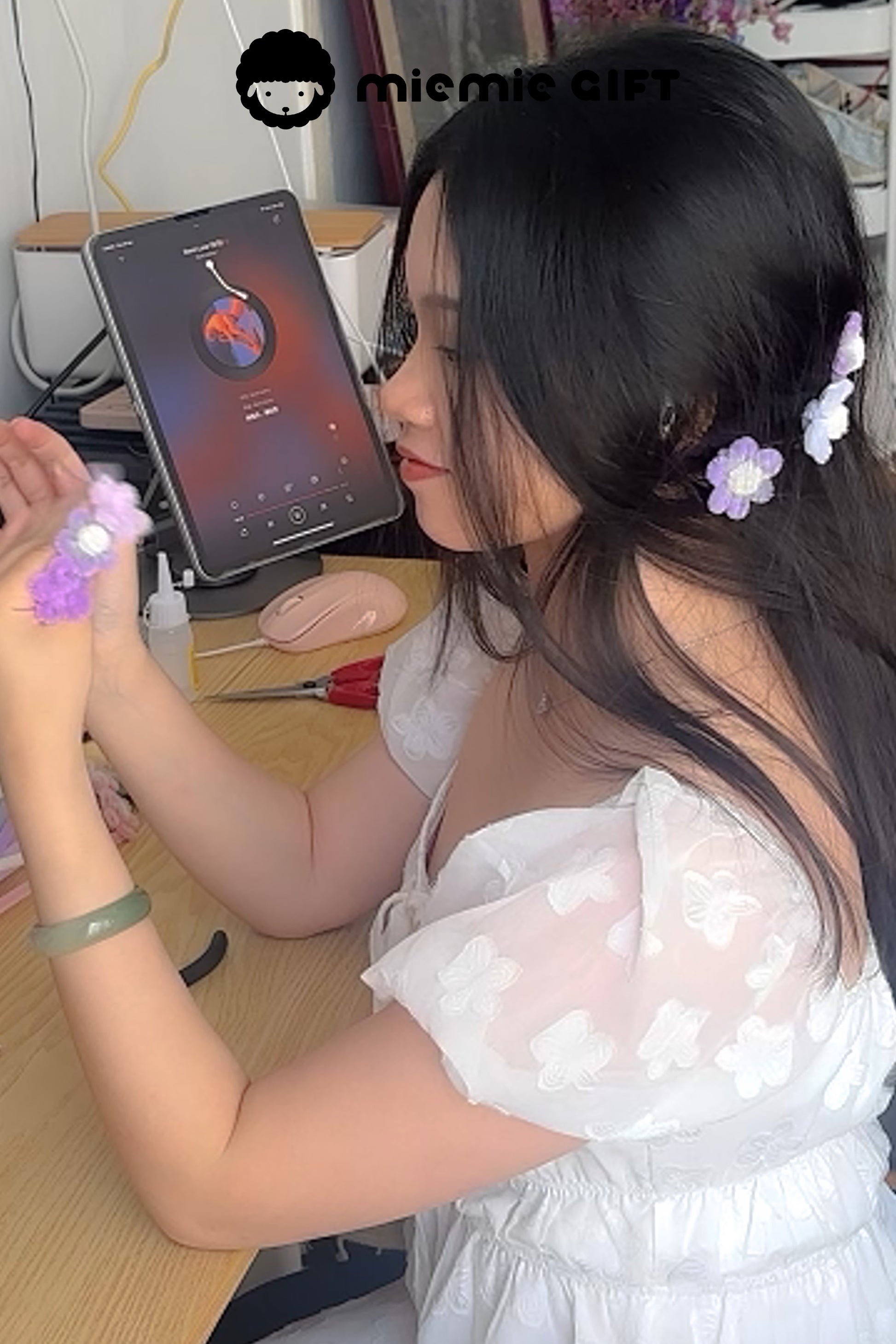 Wearing a purple chenille flower hair clip from Miemie Gift – dreamy floral hair accessory perfect for spring and kawaii fashion looks