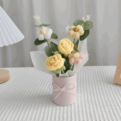 Knitted yellow rose Gift Set A bouquet of rose crafted with care tied with a pink ribbon, and accompanied by a white wrapping paper