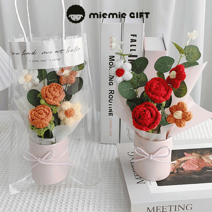 Handcrafted rose floral buckets with knitted flowers and foliage ideal for table decor with a cozy and elegant design