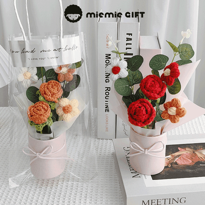 Handcrafted rose floral buckets with knitted flowers and foliage ideal for table decor with a cozy and elegant design