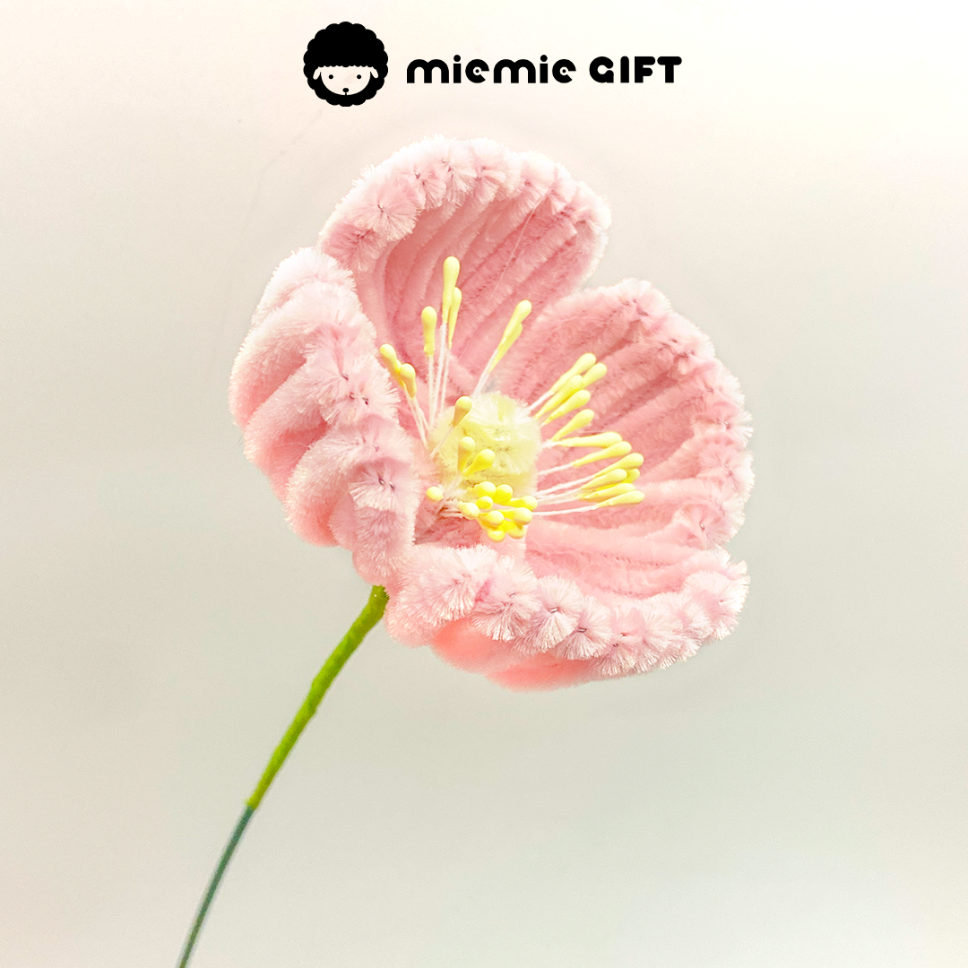 Handmade pink Poppy with Pipe-Cleaner in Kelly Green Stem by MieMie Gift