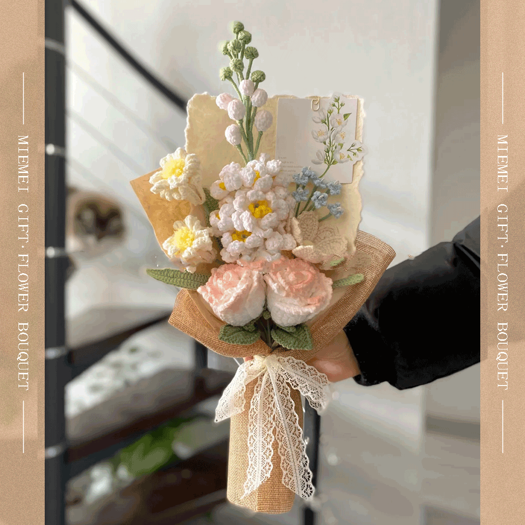 Rustic handcrafted flower bouquet with pink and white blossoms including roses lily and Gypsophila for weddings gift or decor